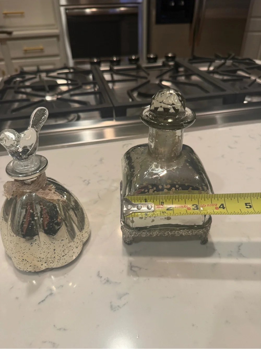 Mercury Glass Decorative Bottles Bird & Crystal Stoppers Cottage Decor